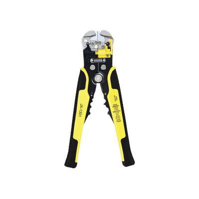 Pinza multifuncional Pelacables, con terminal de pestaña, prensado automático de color amarillo.