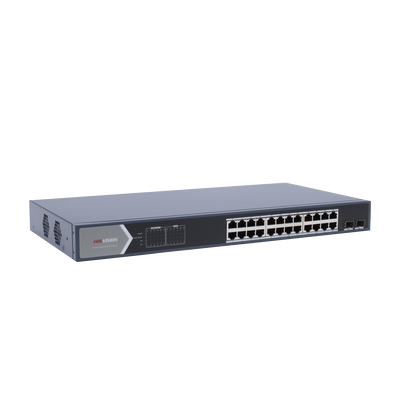Switch Gigabit PoE+ / Administrable / 24 Puertos 1000 Mbps PoE+ / 2 Puertos SFP / Configuración Remota desde Hik-PartnerPro / PoE Extendido 250 Metros / 370 Watts