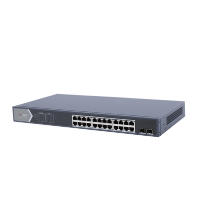 Switch Gigabit PoE+ / Administrable / 24 Puertos 1000 Mbps PoE+ / 2 Puertos SFP / Configuración Remota desde Hik-PartnerPro / PoE Extendido 250 Metros / 370 Watts