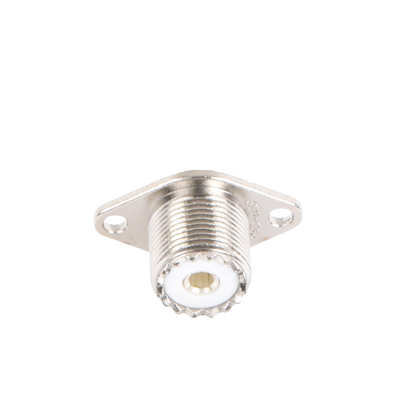 Conector UHF Hembra (SO-239-2H) para Chasis, Doble Perforación, Conductor Central Soldable, Níquel/ Plata/ PBT.