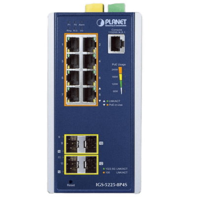 Switch Industrial Administrable Capa2, 8 Puertos Gigabit con PoE+ 802.3at, 2 Puertos SFP de 100/1G y 2 Puertos SFP de 100/1G/2.5G