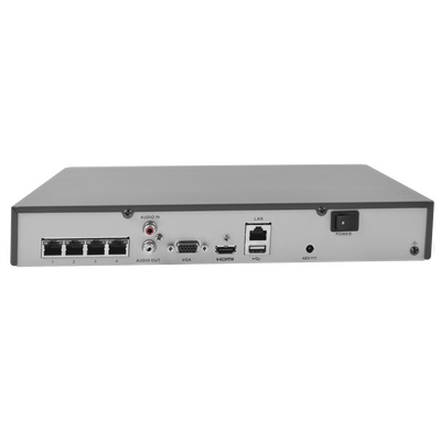 NVR 8 Megapixel (4K) / 4 canales IP / 1 Bahia de Disco Duro / 4 Puertos PoE+ / Salida de vídeo 4K