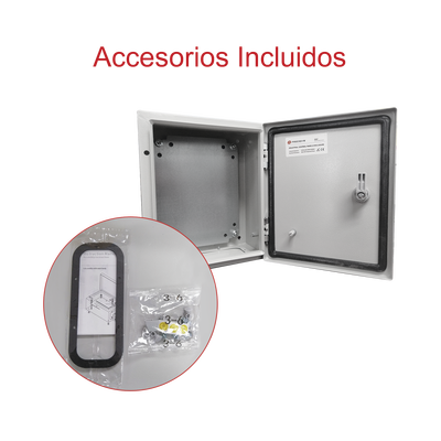 Gabinete de Acero IP66 Uso en Intemperie (250 x 300 x 150 mm) con Placa Trasera Interior Metálica y Compuerta Inferior Atornillable (Incluye Chapa y Llave T).
