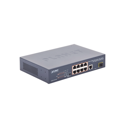 Switch no Administrable 8 puertos 10/100 PoE 802.3af/at 135W, 1 puerto Uplink 10/100/1000 y 1 SFP 100/1000 para escritorio