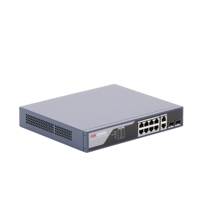 Switch PoE+ / Administrable / Uso en Rack (1 U) / 8 Puertos PoE+ / 2 Puertos SFP / 2 Puertos Uplink Gigabit / Configuración Remota desde Hik-PartnerPro / PoE Hasta 300 Metros / 125 W