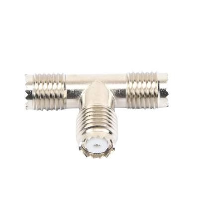 Adaptador en T, de Conector Mini-UHF Hembra a Doble Mini-UHF Hembra, Níquel/ Plata/ Teflón.