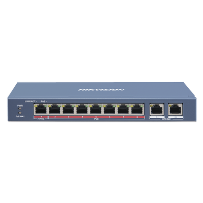 Switch PoE+ / No Administrable / 7 Puertos 10/100 Mbps 802.3 af/at (30 W) / 1 Puerto 10/100 Mbps Hi-PoE (90 W)  / 2 Puertos 1000 Mbps Uplink / Modo Extendido hasta 300 Metros / 110 Watts