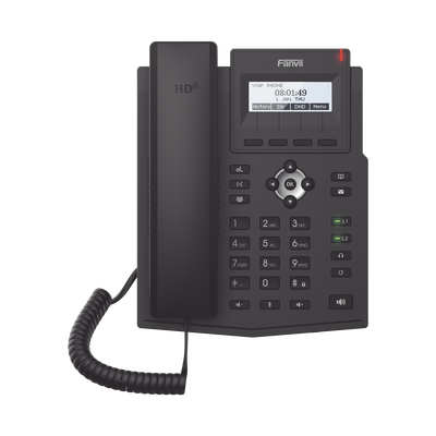 Teléfono IP empresarial para 2 lineas SIP con pantalla LCD, Códec Opus, conferencia de 3 vías, PoE.