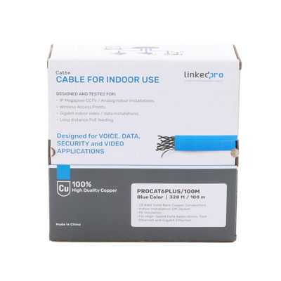 Cable Cat6+ CALIBRE 23 ALTO RENDIMIENTO, ETL,UL, color azul, de 100 metros, super flexible, para aplicaciones de CCTV, video HD, y redes de datos.
