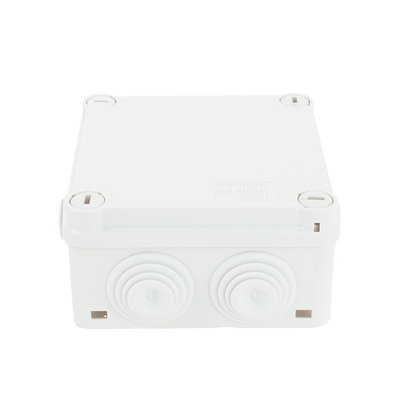 Caja de derivación de PVC Auto-extinguible con 6 entradas, tapa y tornillo de media vuelta de 1/4", 100x100x50 MM (Medidas internas, mayor área permisible para el cable, Para exterior (IP55)