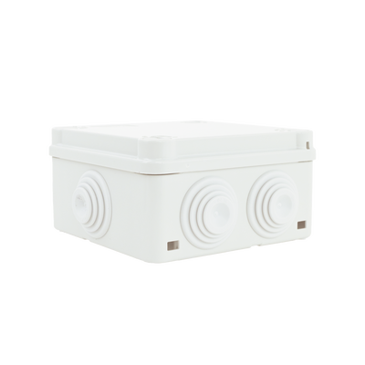 Caja de derivación de PVC Auto-extinguible con 6 entradas, tapa y tornillo de media vuelta de 1/4", 100x100x50 MM (Medidas internas, mayor área permisible para el cable, Para exterior (IP55)