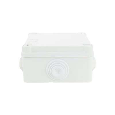 Caja de derivación de PVC Auto-extinguible con 6 entradas, tapa y tornillo de media vuelta de 1/4", 100x100x50 MM (Medidas internas, mayor área permisible para el cable, Para exterior (IP55)