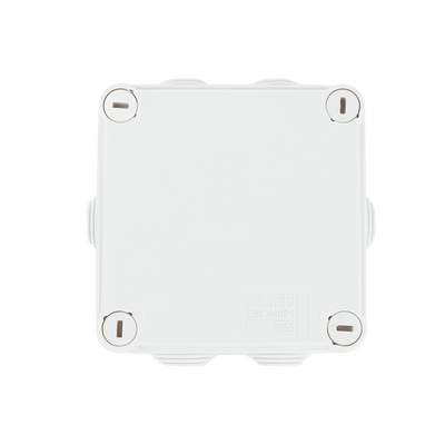 Caja de derivación de PVC Auto-extinguible con 6 entradas, tapa y tornillo de media vuelta de 1/4", 100x100x50 MM (Medidas internas, mayor área permisible para el cable, Para exterior (IP55)
