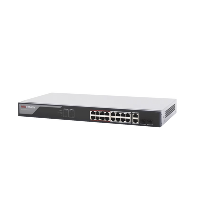 Switch PoE+ / Monitoreable / 16 puertos 10/100 Mbps PoE+ / 2 Puertos 1000 Mbps Uplink / 2 Puertos SFP de Uplink /  Configuración Nube Hik-Partner Pro / Modo Extendido hasta 300 metros / 230 W