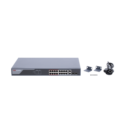 Switch PoE+ / Monitoreable / 16 puertos 10/100 Mbps PoE+ / 2 Puertos 1000 Mbps Uplink / 2 Puertos SFP de Uplink /  Configuración Nube Hik-Partner Pro / Modo Extendido hasta 300 metros / 230 W