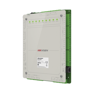 Controlador de Acceso 4 Puertas Administrable en la Nube con Hik-Connect Teams / Interfaz Web / 8 Lectores de Huella o Tarjeta / 100,000 Tarjetas / 10,000 Huellas / Incluye Gabinete y Fuente de Alimentación 12Vcd 8 A / Soporta Batería de Res