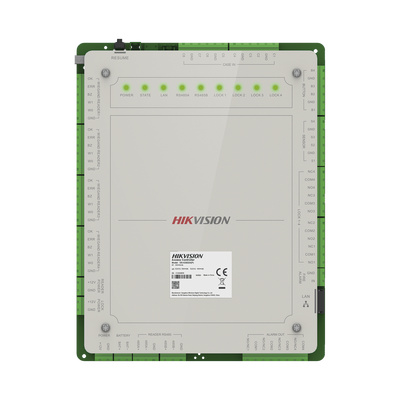 Controlador de Acceso 4 Puertas Administrable en la Nube con Hik-Connect Teams / Interfaz Web / 8 Lectores de Huella o Tarjeta / 100,000 Tarjetas / 10,000 Huellas / Incluye Gabinete y Fuente de Alimentación 12Vcd 8 A / Soporta Batería de Res
