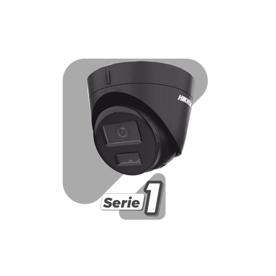 [Dual Light] Turret IP 4 Megapixel / Color Negro /  Lente 2.8 mm / 30 mts IR + 30 mts Luz Blanca / Micrófono Integrado / ACUSENSE Lite / Exterior IP67 / H.265 / PoE / ONVIF / Micro SD