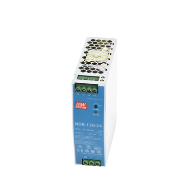 Fuente de poder industrial de 120 W, salida 24 Vcc 5A, entrada 90~264 VCA, Montaje en riel DIN,