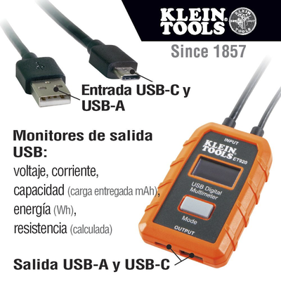 Multímetro digital USB para USB-A y USB-C.