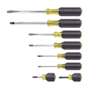 Juego de 8 Desarmadores con Mango Cushion-Grip™: 2 de punta Plana de 1/4'' (6.4 mm) y 5/16'' (7.9 mm); 2 de punta Cabinet de 5/16'' (7.9 mm) y 3/16'' (4.8 mm); tres de punta Phillips n.º 1, n.º 2 y n