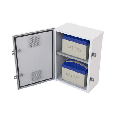 Gabinete para instalación de 2 Baterías PL110D12, Fabricado en Lámina Galvanizada, Accesorios para piso o poste (No incluidos)