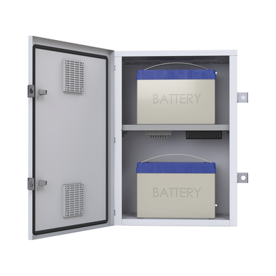 Gabinete para instalación de 2 Baterías PL110D12, Fabricado en Lámina Galvanizada, Accesorios para piso o poste (No incluidos)