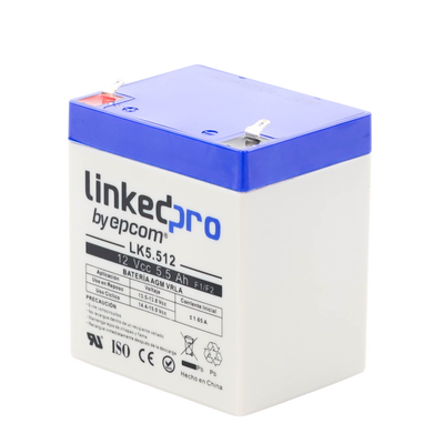 Batería 12 V 5.5 Ah AGM | Certificada UL94-HB Resistencia a la flama básica | Especial para Seguridad Electrónica | Vida útil 5 años | Terminales F1  + Adaptador F2