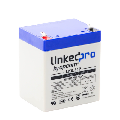 Batería 12 V 5.5 Ah AGM | Certificada UL94-HB Resistencia a la flama básica | Especial para Seguridad Electrónica | Vida útil 5 años | Terminales F1  + Adaptador F2