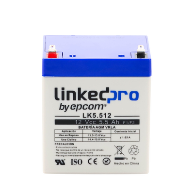 Batería 12 V 5.5 Ah AGM | Certificada UL94-HB Resistencia a la flama básica | Especial para Seguridad Electrónica | Vida útil 5 años | Terminales F1  + Adaptador F2