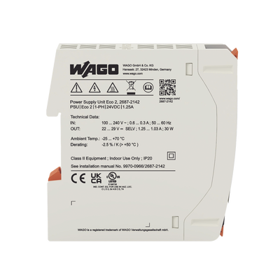 Fuente de Alimentación Eco 2 / Monofásica / 24V DC / 1.25A / 30W / Push-in CAGE CLAMP® / Carril DIN / SELV-PELV / IP20