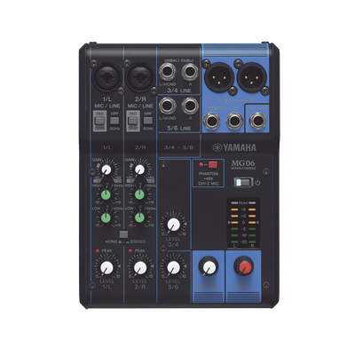 Mezcladora de Audio | 6 Canales | 2 entradas de micro/6 de línea (2 mono + 2 estéreo) | Alimentación Phantom