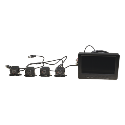 Sistema de Monitoreo Local / 4 Cámaras 1080p para Exterior (IP68) y Pantalla LCD de 7" a Color / Memoria Micro SD de 64 GB (Expandible a 512 GB) / Soporta Cambio de Cámara al Dar Reversa al Vehiculo / Accesorios de Instalación