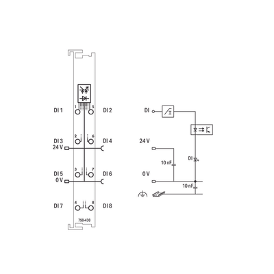 Módulo de Entrada Digital / 8 Canales / 24 VDC / Filtro 3 ms / Aislamiento 500 V / CAGE CLAMP® / DIN Rail / IP20