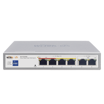 Switch PoE para exterior / Administración en la nube / Con 4 puertos 10/100 Mbsp PoE af/at / 2 Puertos Uplink 10/100 MBPS /  Presupuesto 60 W / PoE hasta 250 metros / Soporta protocolo ONVIF