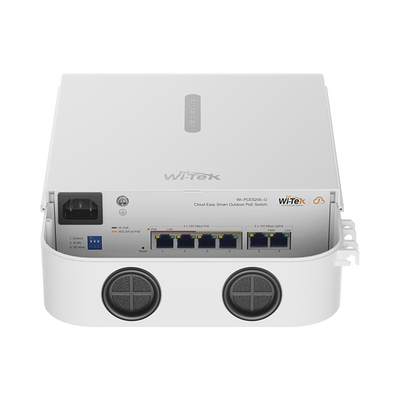 Switch PoE para exterior / Administración en la nube / Con 4 puertos 10/100 Mbsp PoE af/at / 2 Puertos Uplink 10/100 MBPS /  Presupuesto 60 W / PoE hasta 250 metros / Soporta protocolo ONVIF