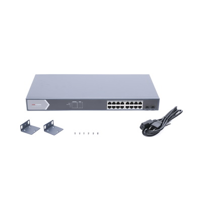 Switch Gigabit PoE+ / Administrable / 16 Puertos 1000 Mbps PoE+ / 2 Puertos SFP / Configuración Nube desde Hik-ParnerPro / PoE hasta 300 Metros / 225 Watts
