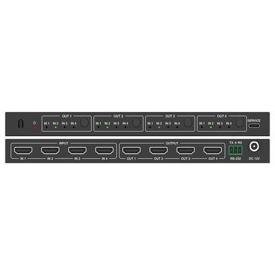 Matriz de Video HDMI 4x4 | Ancho de Banda 10.2 Gbps | Resolución 4K@30Hz | Escalado a 1080P, 720P, 1920x1200, 4K30 | Modos Matriz y Video Wall | Control RS-232 y Remoto Infrared