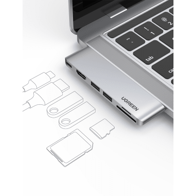 Hub USB-C 6 en 1 / 2xUSB-A 3.0 (5Gbps) / HDMI 4K@30Hz / Puerto PD 100W / Lector SD+MicroSD / Aluminio / Compatible Thunderbolt 3 / Compacto 110x29x8.5mm