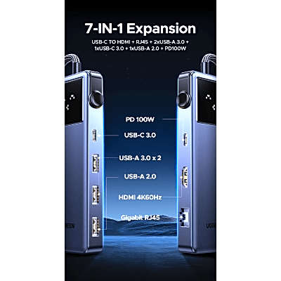 Hub USB-C 7 en 1 / USB-C a HDMI 4K 60Hz / 2x USB-A 3.0 + USB-C 3.0 + USB-A 2.0 / Gigabit Ethernet / PD 100W / Cable 20 cm (7.9 in)