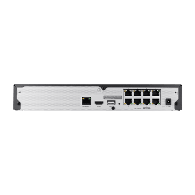 NVR 8 Megapíxel / 8 canales / H.265 / P2P Wisenet / 8 puertos PoE / Incluye 4TB para grabacion / NDAA