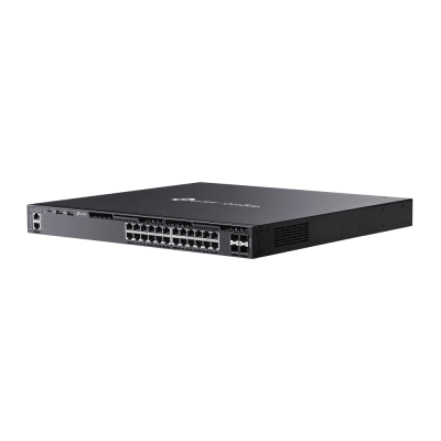 Switch Omada L3 SDN Administrable / 24 puertos PoE af/at Gigabit y 4 puertos SFP+ / Presupuesto PoE 720W / Funciones RIP, VRRP, Servidor DHCP / Administración centralizada OMADA / Fuente Redundante