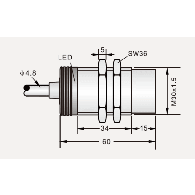 Sensor Inductivo de Proximidad Cilíndrico / M30 / 15 mm Detección / PNP N.O. / Cable 3 Hilos 2 Metros / IP67 / Protección Completa / −25...+70°C