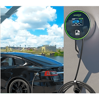 Estación de Carga para Vehículos Eléctricos / 48A 11.5kW / Voltaje 220-250V 1 Fase y 380-480V 3 Fases / Pantalla LCD 4.3 Pulgadas / Cable TPU 5 Metros / Protecciones Múltiples / Conectividad Plug and Play APP RFID / Carcasa Alu