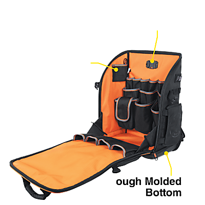 Mochila Profesional para Herramientas / 27 Bolsillos / Acceso Rápido y Estación de Trabajo / Base Moldeada Ancha / Interior Naranja / USB-C / Soporte para Lámpara