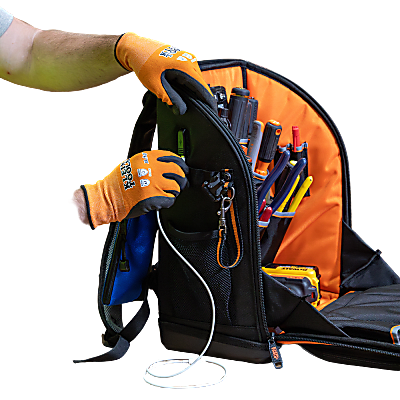 Mochila Profesional para Herramientas / 27 Bolsillos / Acceso Rápido y Estación de Trabajo / Base Moldeada Ancha / Interior Naranja / USB-C / Soporte para Lámpara