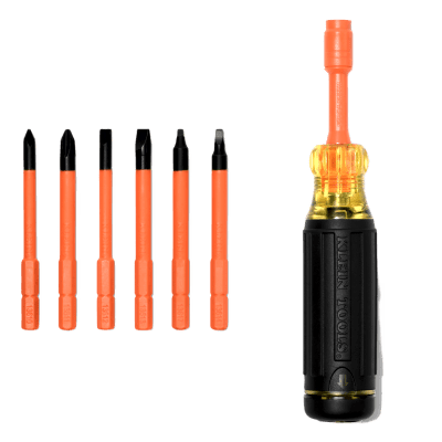 Destornillador Aislado 6-en-1 Auto-Lock / Aislado 1000V CAT III / Almohadilla de agarre / Almacenamiento de brocas integrado / Bits Philips #1 #2 / Slotted 3/16" 1/4" / Square #1 #2