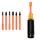 Destornillador Aislado 6-en-1 Auto-Lock / Aislado 1000V CAT III / Almohadilla de agarre / Almacenamiento de brocas integrado / Bits Philips #1 #2 / Slotted 3/16" 1/4" / Square #1 #2