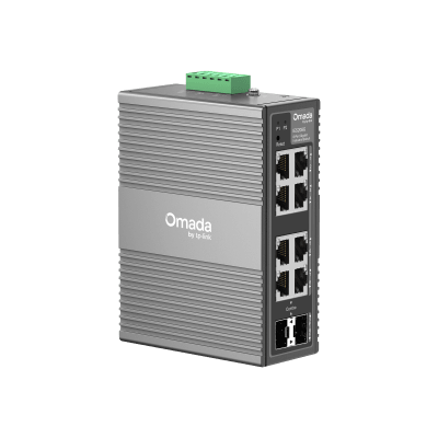 Switch Industrial Omada Easy Managed / 8 Puertos Gigabit (6× RJ45 + 2× RJ45/SFP Combo) / 16 Gbps Switching / -40°C a 75°C / Protección Rayos 6kV / Gestión Cloud / Montaje DIN Rail o Pared / IP40
