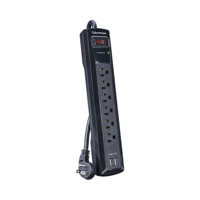 Multicontacto Con Supresor de Picos, Voltaje de Entrada 125 Vca NEMA 5-15P, Con 6 Salidas NEMA 5-15R, 2 Puertos de Carga USB, 1200 Joules